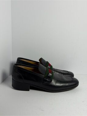 Vintage Gucci Black Leather Web Slip-On Loafers Size 40.5